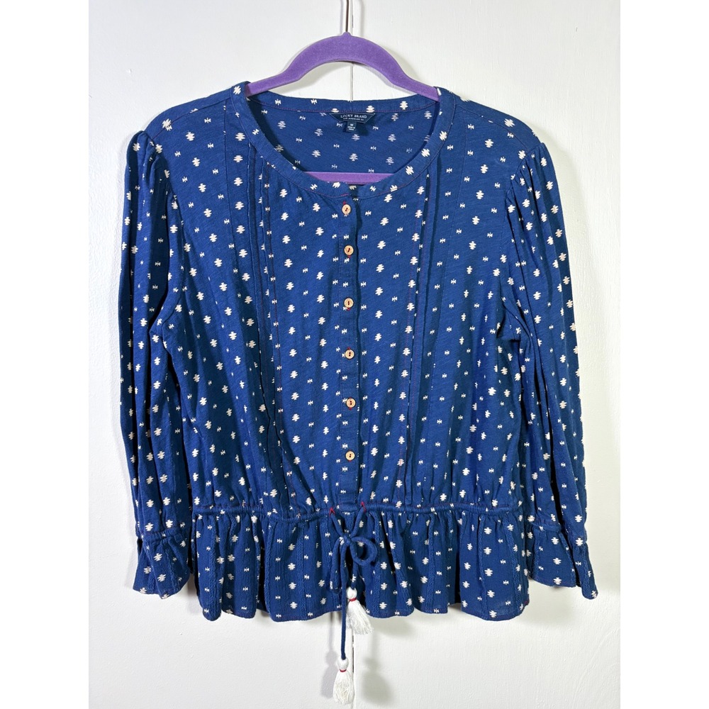 Lucky Brand Blue Geometric Print Peplum Blouse Tassel M Boho Indie Free Spirit